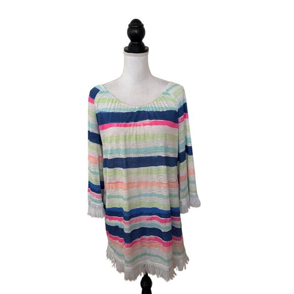 Lilly Pulitzer Striped Tassel Hem Bell Sleeve Swim Cover-Up Linen Tunic Dress M - Picture 11 of 16